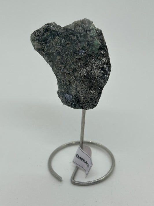 Rough Emerald on Silver Pin Stand